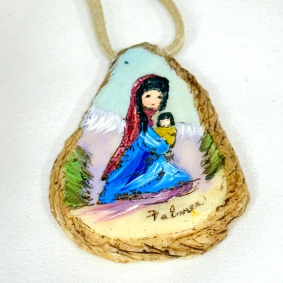 Southwestern Necklace/Pendant Mother and Baby - Hand Painted on Wood - Signed - Picture 6 of 8